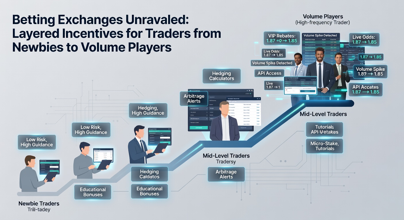 Graph illustrating tiered commission reductions and rebate structures on a betting exchange, from newbie levels to high-volume pro tiers