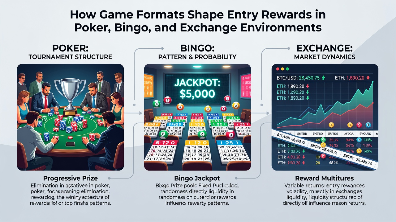 Diagram comparing bingo ticket structures, poker tournament buy-ins, and exchange commission flows