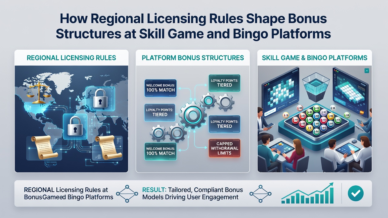 Bingo hall interior transitioning into a digital skill game interface with regulatory icons overlayed