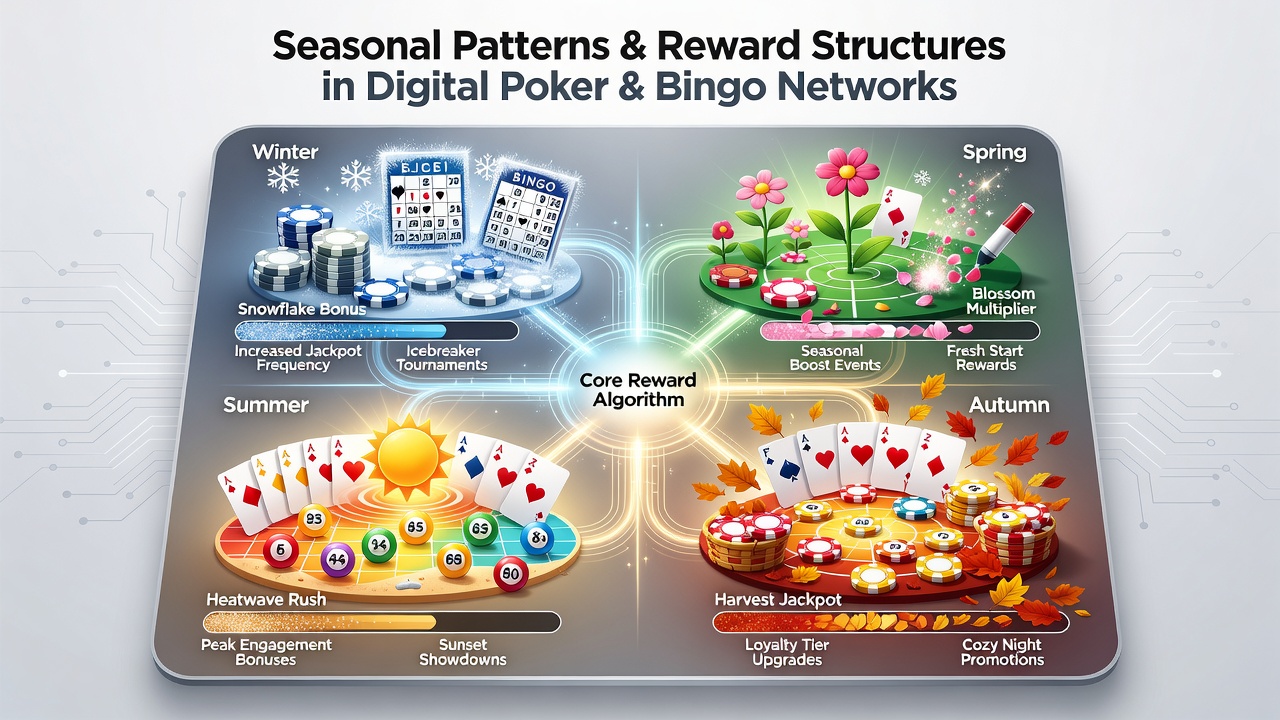 Seasonal reward adjustments visualized across poker and bingo platforms with holiday and weather icons