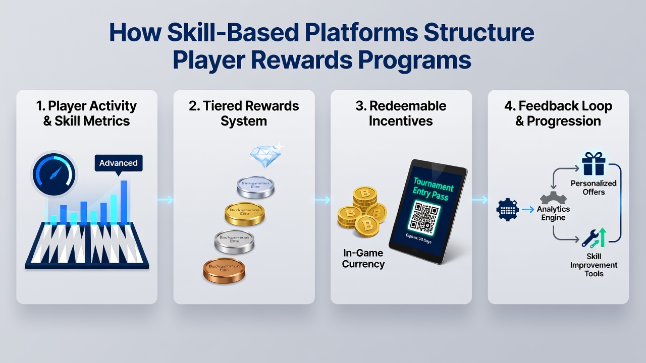 Backgammon board with digital reward badges and loyalty indicators overlay