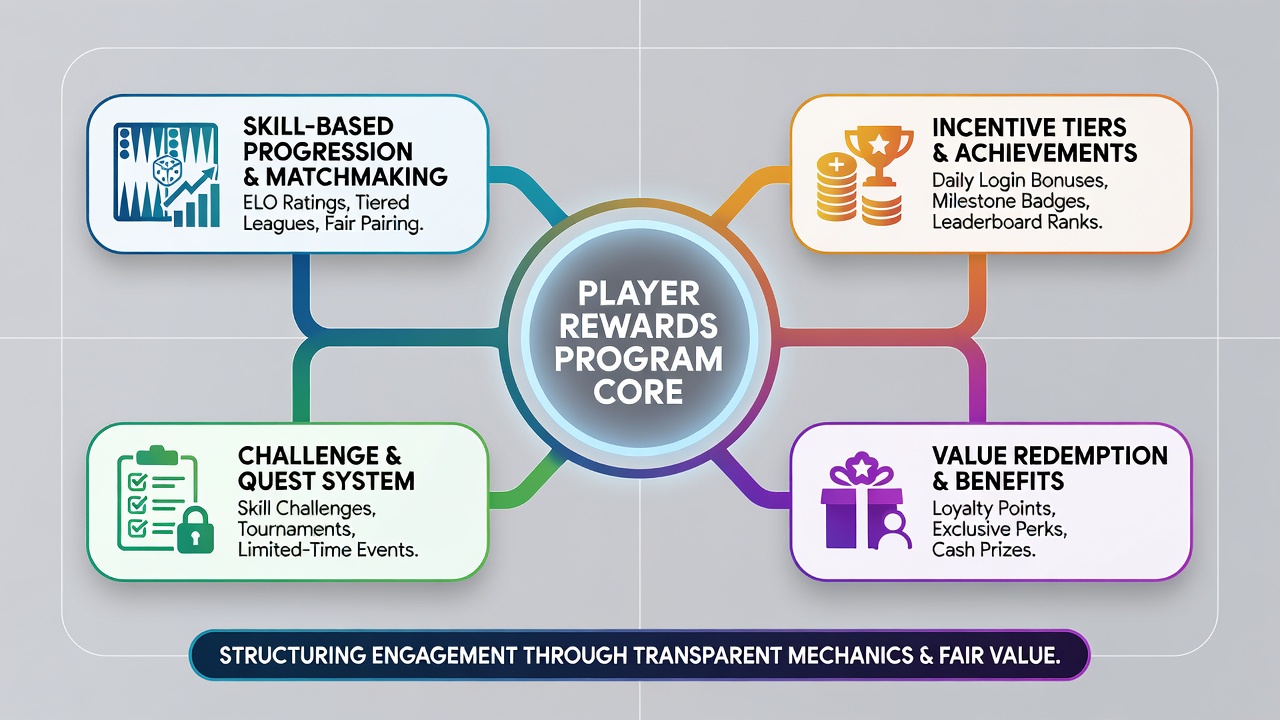 Infographic showing tier levels and point accumulation chart for backgammon rewards