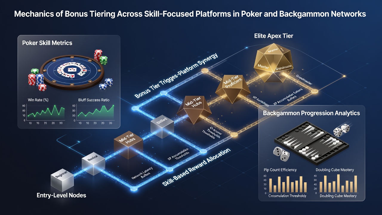 Overview of tiered bonus structures on poker and backgammon networks showing progression ladders and reward levels