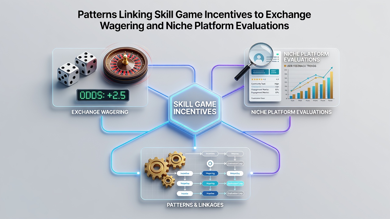 Diagram showing connections between skill game incentives, exchange wagering platforms, and evaluation metrics used by niche review sites