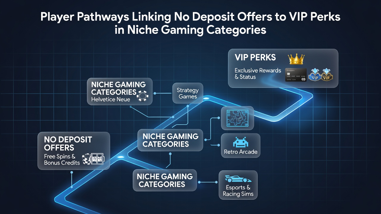 Illustration showing progression from initial no-deposit offers to VIP perks across niche gaming platforms