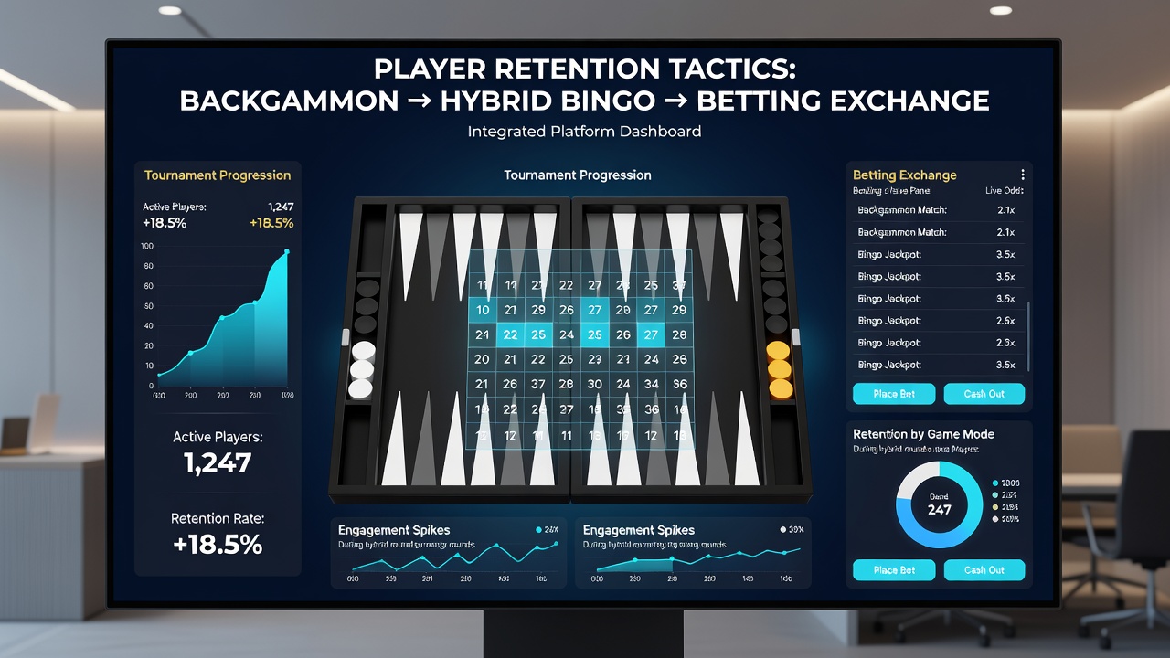 Integrated dashboard displaying backgammon results feeding into bingo cards and live betting exchange odds