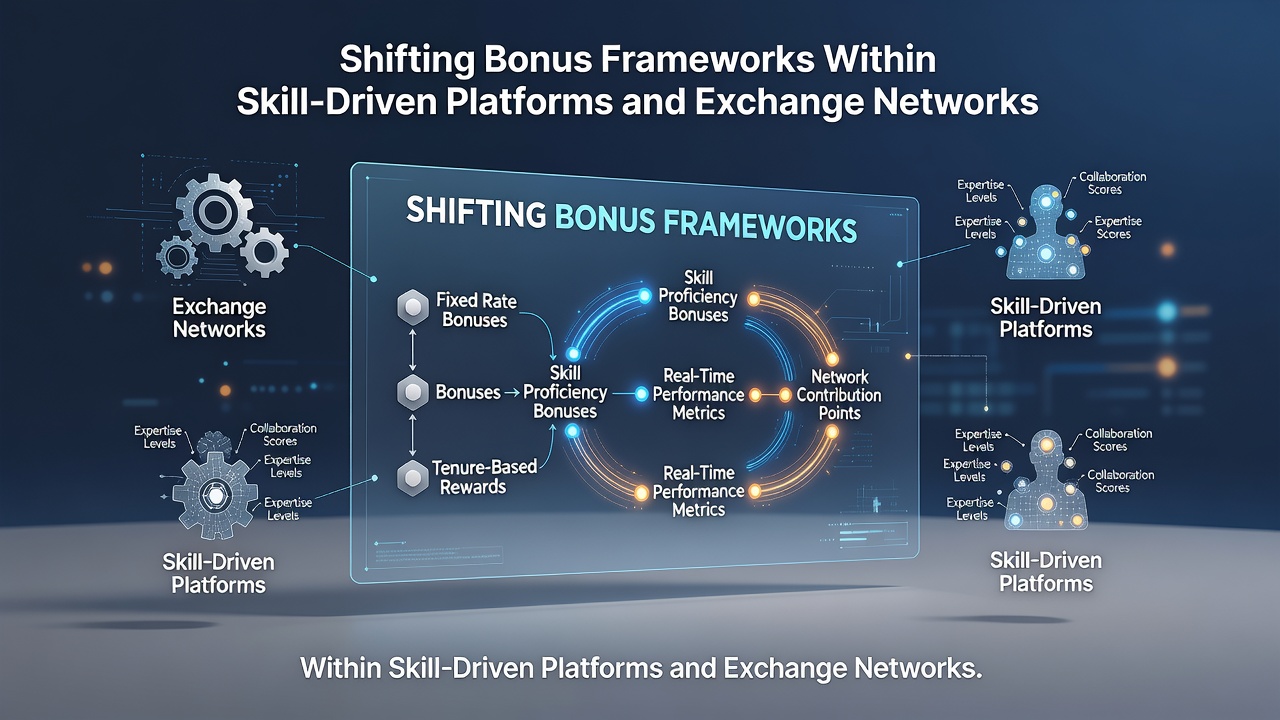 Illustration showing digital interfaces of skill-based gaming platforms with bonus reward indicators overlaid on network exchange diagrams
