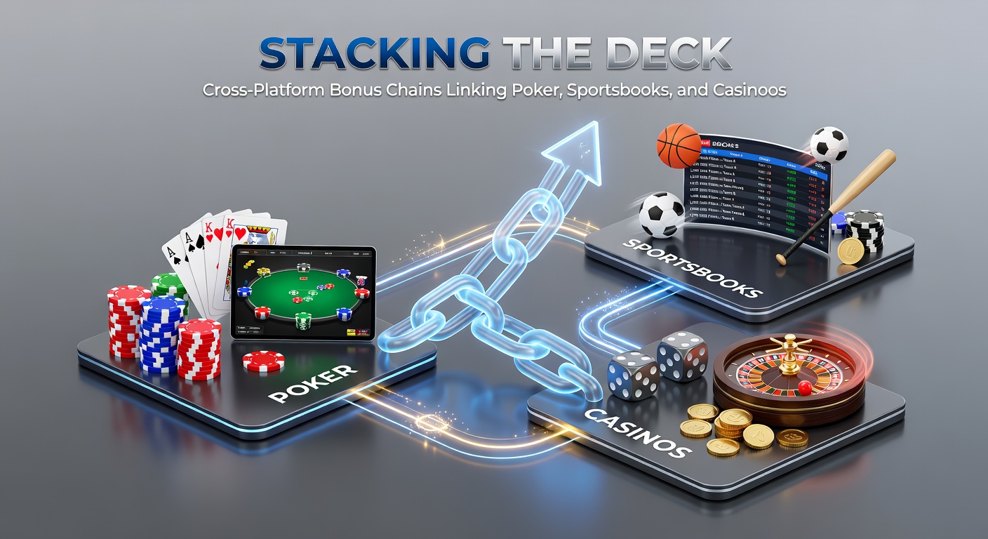 Digital graphic showing interconnected chains linking poker chips, sports betting slips, and casino slots, symbolizing bonus stacking across platforms