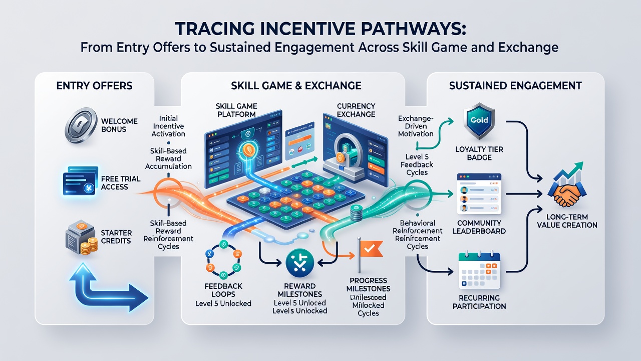 Flowchart illustrating how entry bonuses transition into sustained rewards across skill-based and exchange platforms