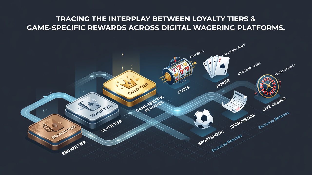 Illustration of loyalty tier levels connected to various casino game reward categories