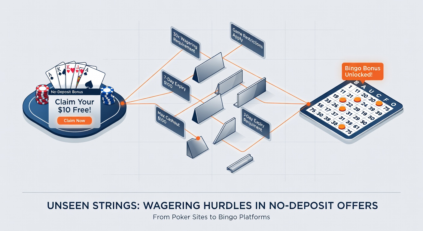 Infographic detailing wagering requirement breakdowns for poker and bingo no-deposit bonuses, with charts on multipliers and game contributions